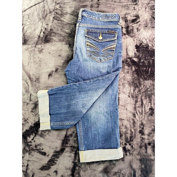 SEVEN 7 Capri Womens Size 6 Dark Wash Embroider Flap Pockets Blue Denim Jeans - Picture 9 of 13